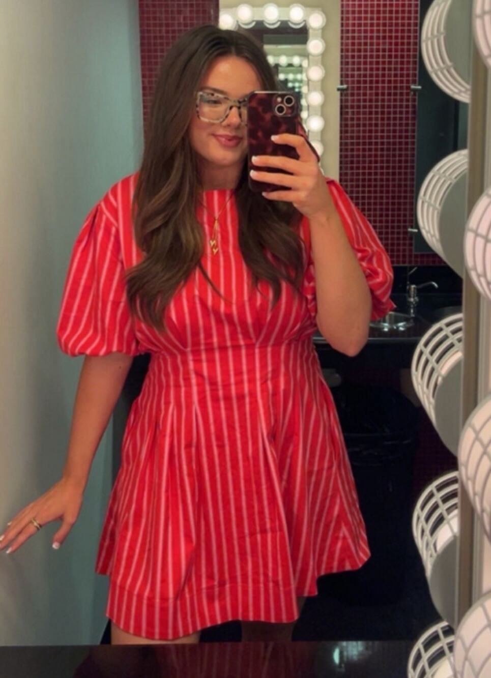 EXQUISE Puff-Sleeve A-Line Mini Dress in Red Stripe Size 1X